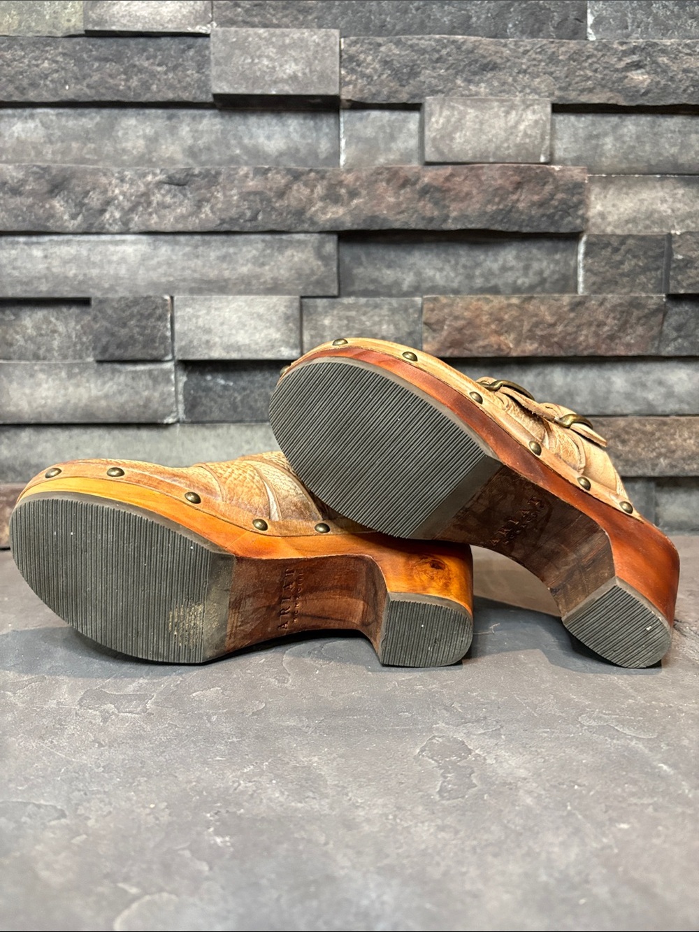 Ariat Tan Distressed Leather Buckle Clog Mules with Wood Sole - Picture 10 of 11